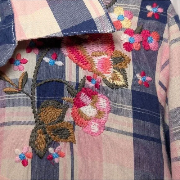 Soft Surroundings Plaid Floral Embroidered Button Down Tunic Small 100% Cotton - Picture 5 of 9